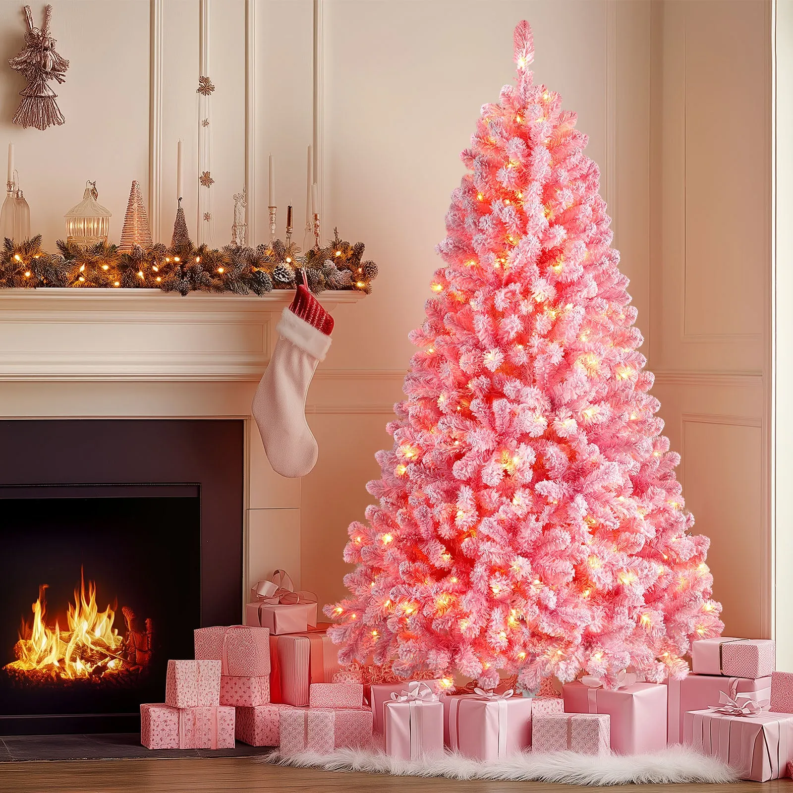 6ft Prelit 250 Warm White Lights Snow Flocked Artificial Holiday Christmas Tree-Pink