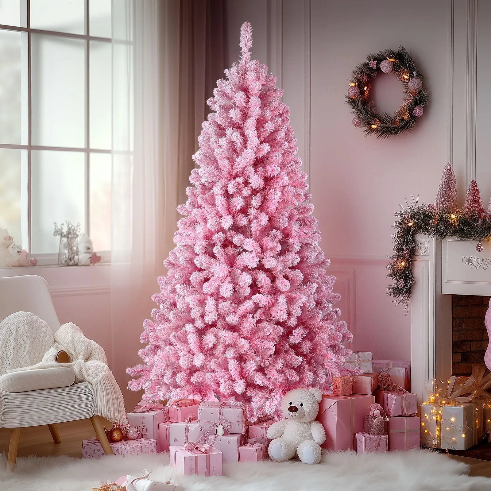 6ft Prelit 250 Warm White Lights Snow Flocked Artificial Holiday Christmas Tree-Pink