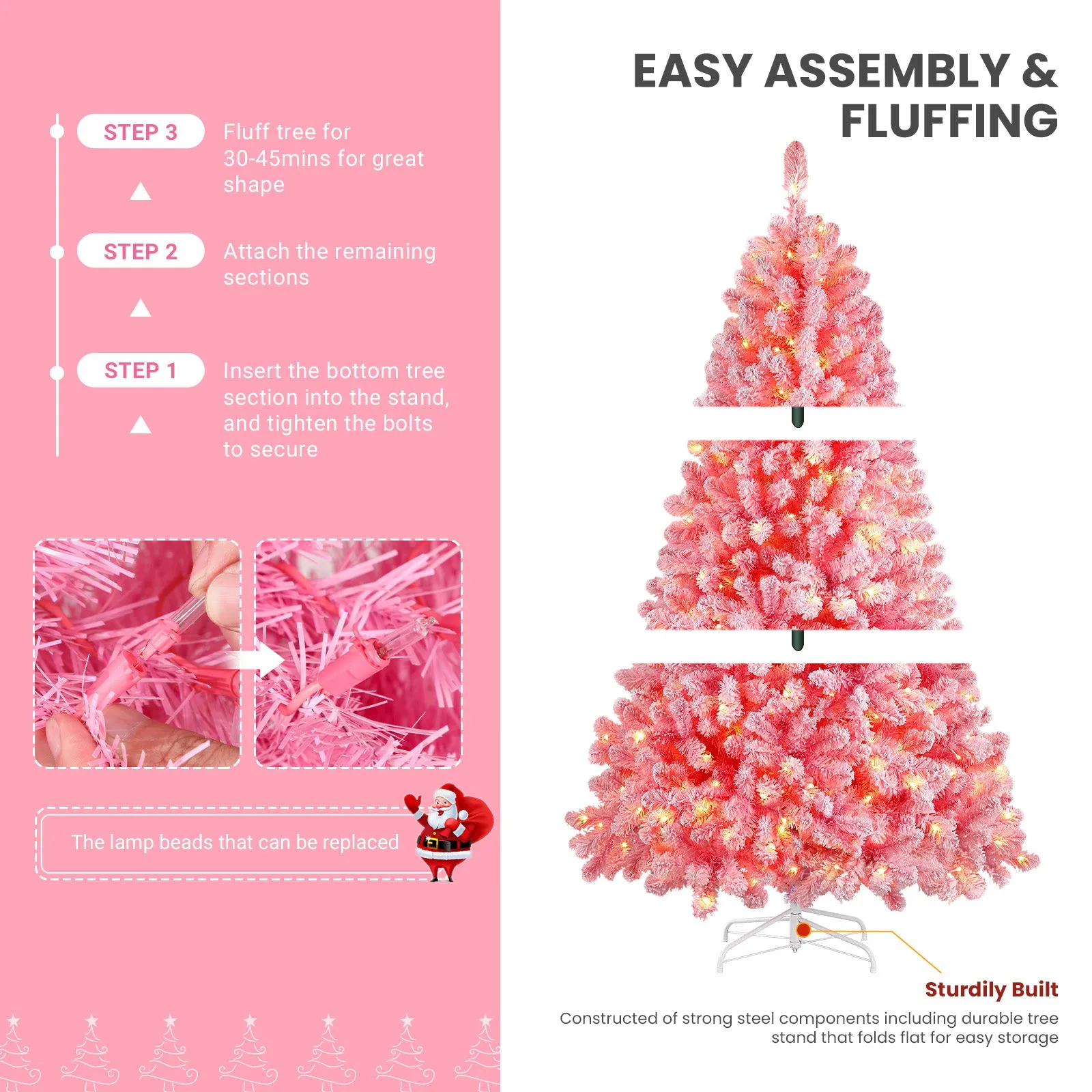 6ft Prelit 250 Warm White Lights Snow Flocked Artificial Holiday Christmas Tree-Pink