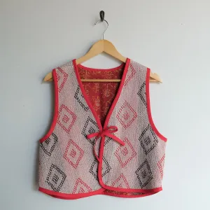 Amelia Vest Black and Red Embroidered Diamonds Red Trim L065