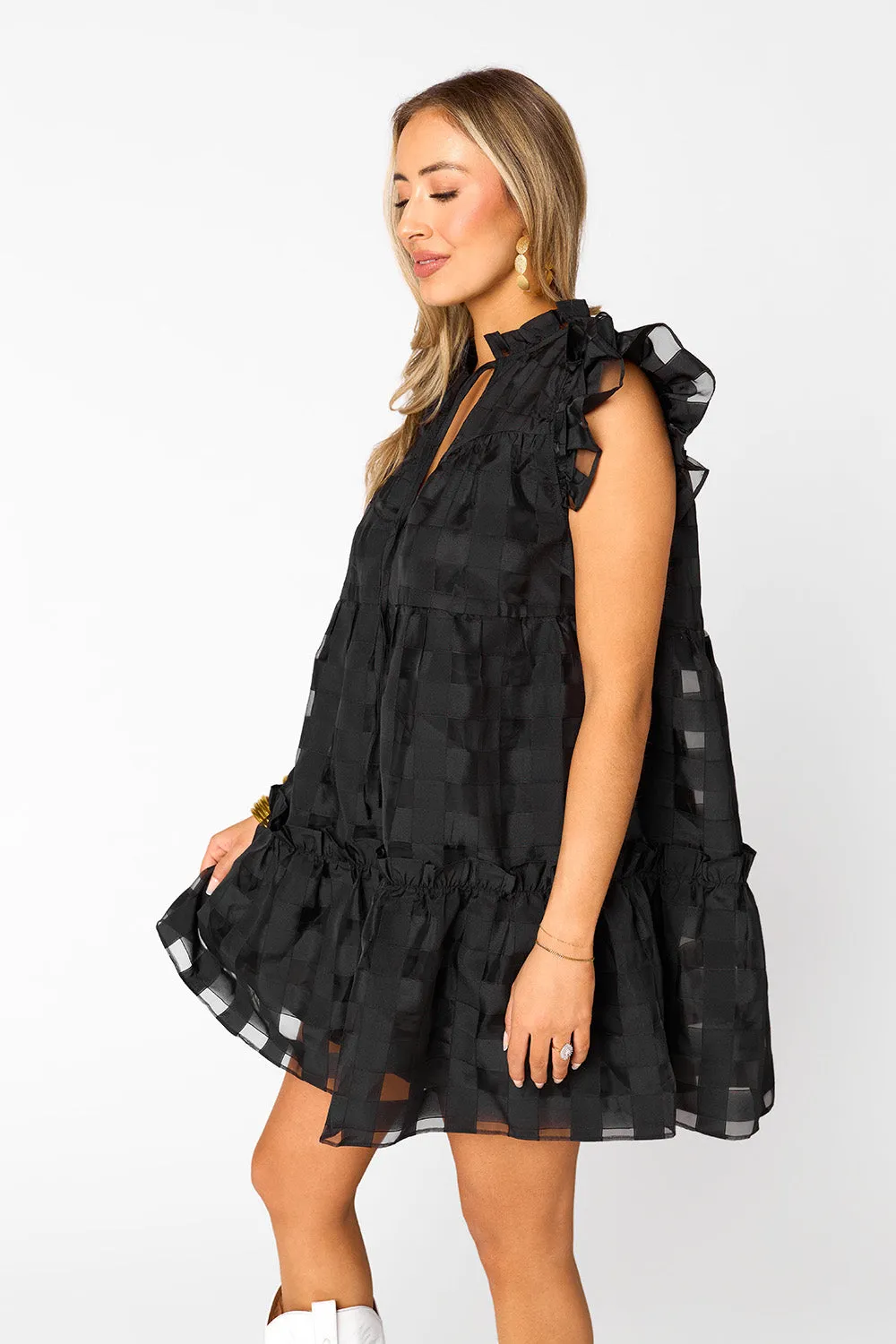 Aubrey Ruffle Shoulder Short Dress - Black