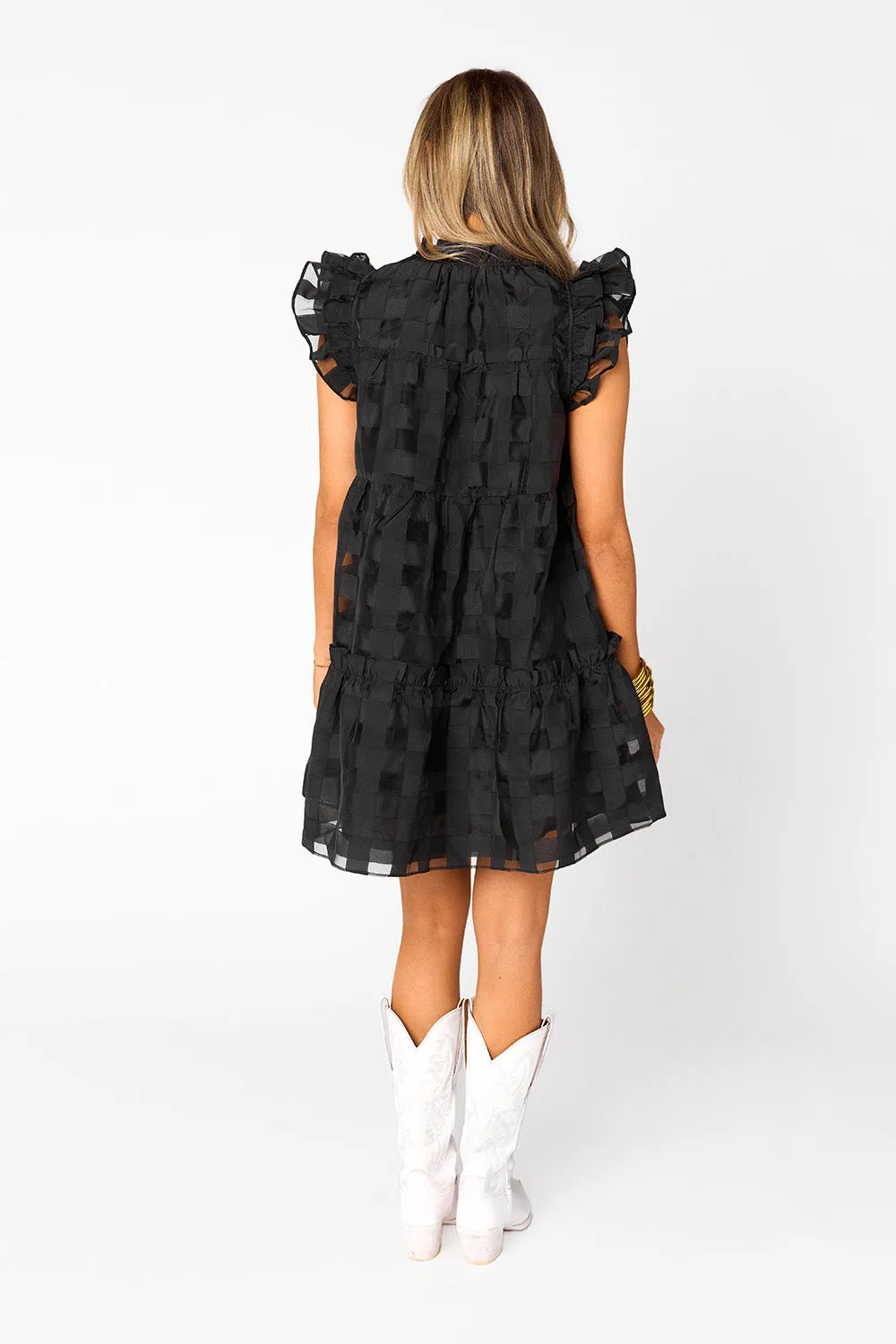 Aubrey Ruffle Shoulder Short Dress - Black