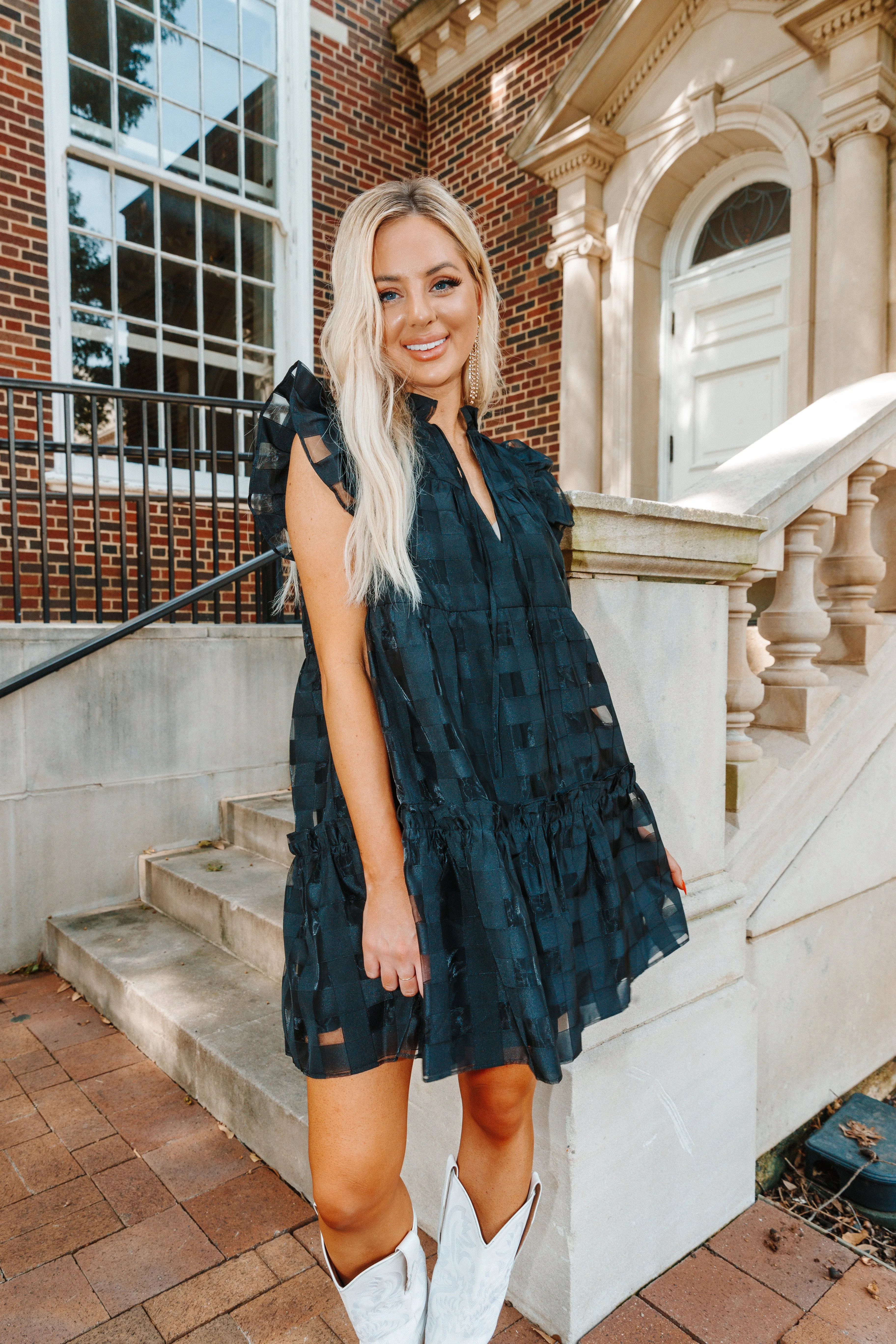 Aubrey Ruffle Shoulder Short Dress - Black