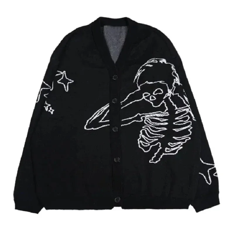 Back To School Joskaa 2024 Fall Fashion  Harajuku Skeleton V Neck Cardigan Knitwear Men Clothing Men Pullovers Sweaters Creative Stripes Streetwear Maiden Women Knitted