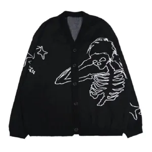 Back To School Joskaa 2024 Fall Fashion  Harajuku Skeleton V Neck Cardigan Knitwear Men Clothing Men Pullovers Sweaters Creative Stripes Streetwear Maiden Women Knitted