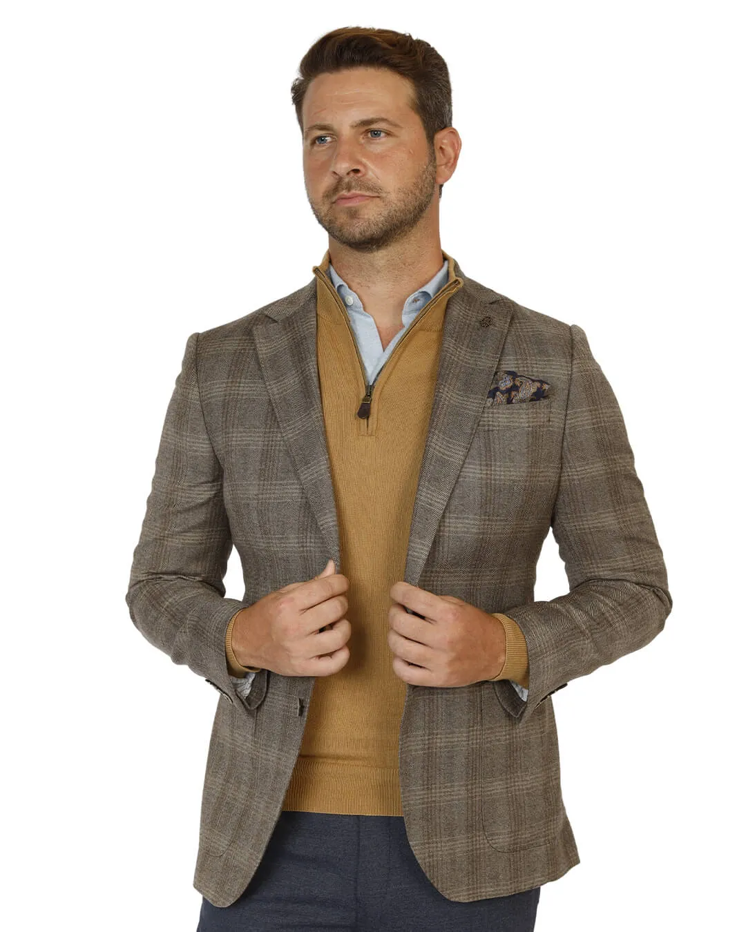 Beige Italian Merino Wool Herringbone Check Jacket
