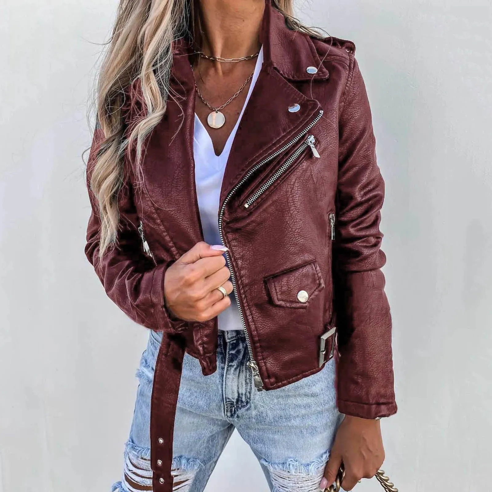 Black Wool Lapel Motorcycle Jacket with Zipper