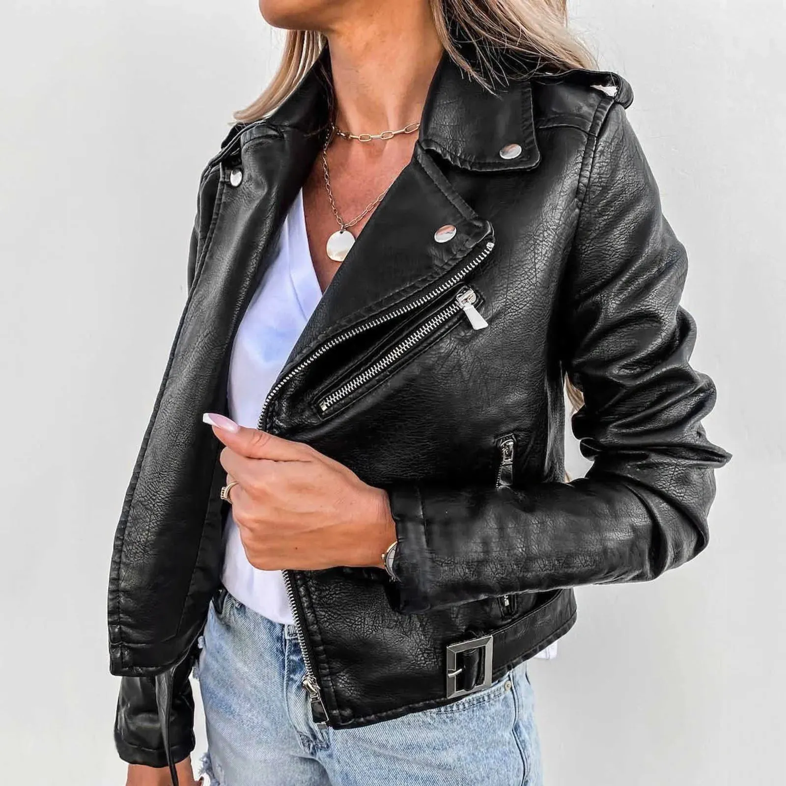 Black Wool Lapel Motorcycle Jacket with Zipper