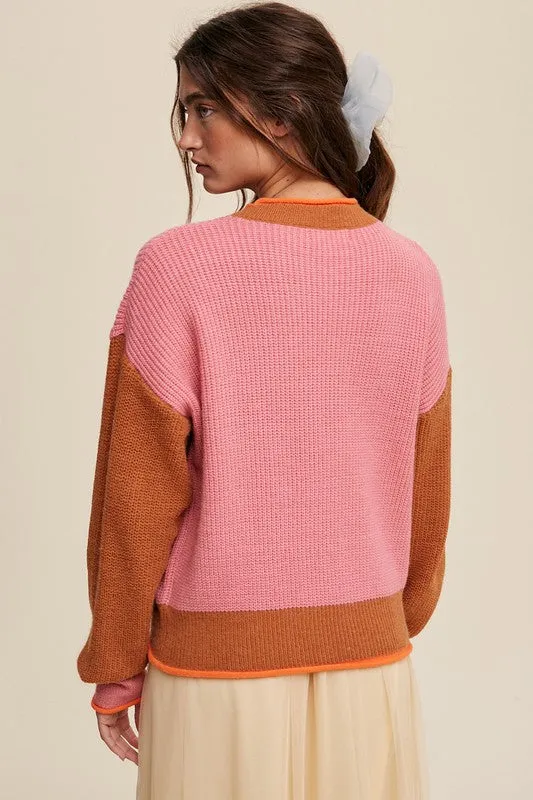 Bohemian Color Block Pink Ribbed Knit Sweater