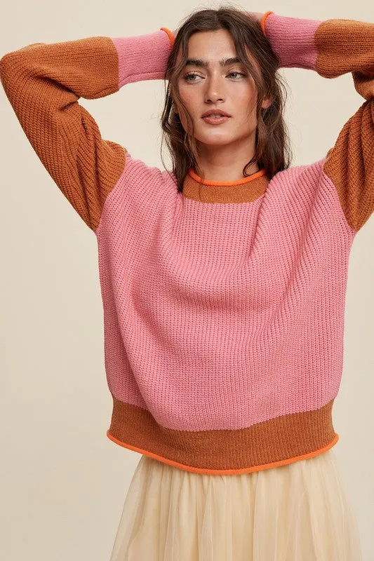 Bohemian Color Block Pink Ribbed Knit Sweater