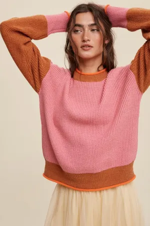 Bohemian Color Block Pink Ribbed Knit Sweater