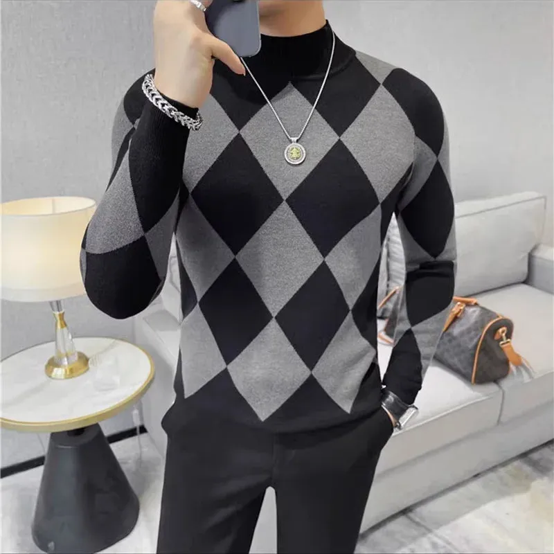 Bonsir Autumn Winter New Half High Neck Slim Fit Sweaters For Men Fashion Rhombus Lattice Long Sleeves Casual Knitted Stretch Sweater