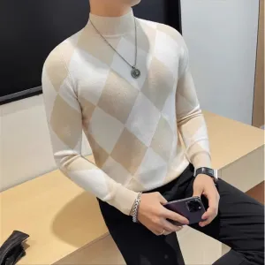 Bonsir Autumn Winter New Half High Neck Slim Fit Sweaters For Men Fashion Rhombus Lattice Long Sleeves Casual Knitted Stretch Sweater