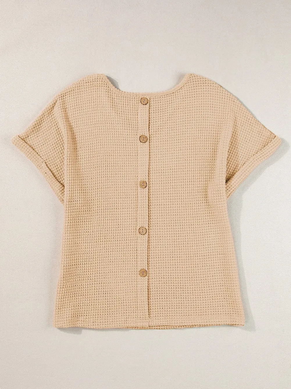 Button Back Oatmeal Waffle Knit Cuffed Sleeve Tee