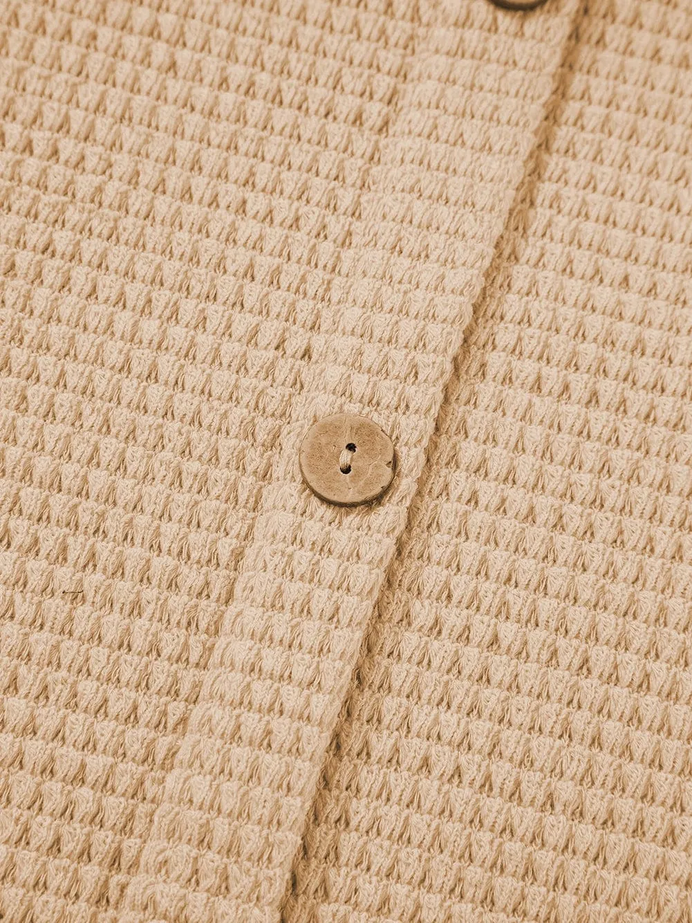 Button Back Oatmeal Waffle Knit Cuffed Sleeve Tee