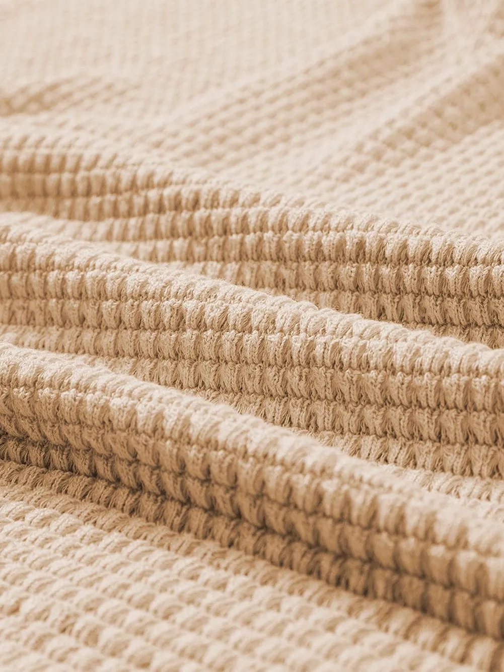 Button Back Oatmeal Waffle Knit Cuffed Sleeve Tee