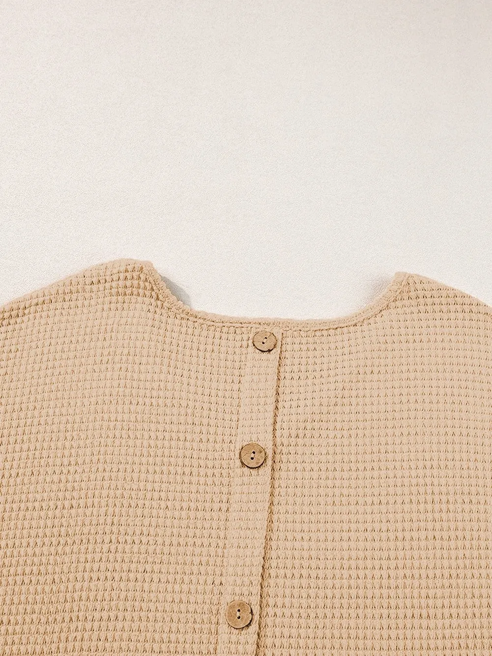 Button Back Oatmeal Waffle Knit Cuffed Sleeve Tee