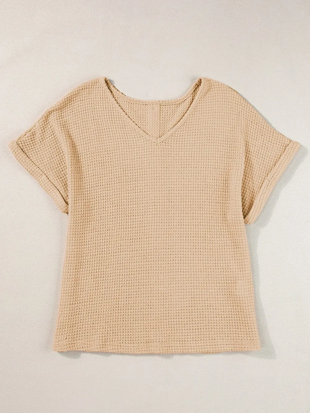 Button Back Oatmeal Waffle Knit Cuffed Sleeve Tee