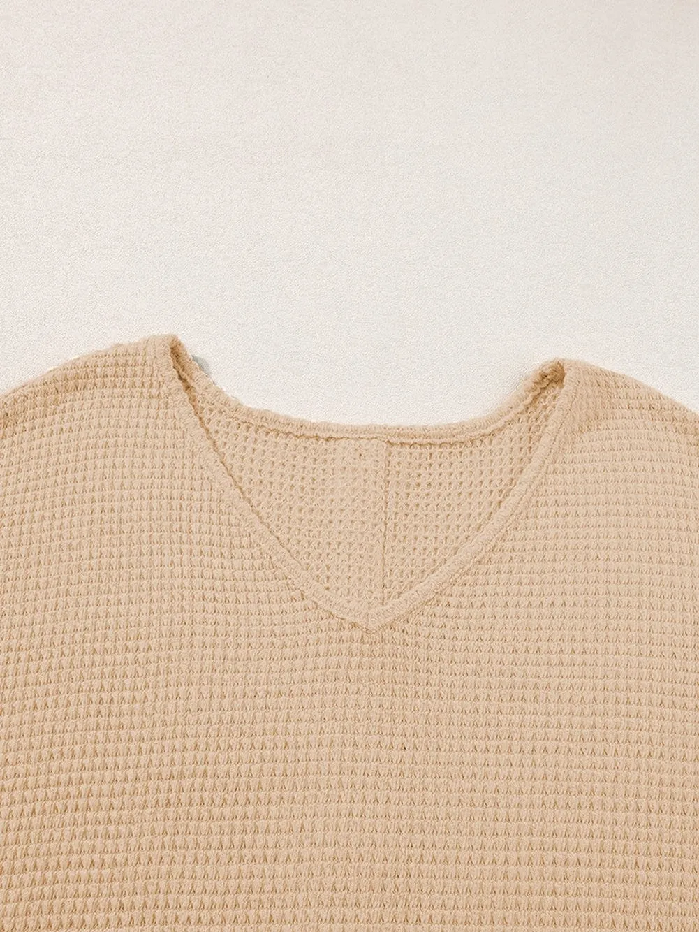 Button Back Oatmeal Waffle Knit Cuffed Sleeve Tee