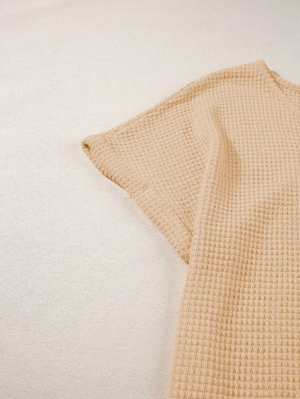 Button Back Oatmeal Waffle Knit Cuffed Sleeve Tee