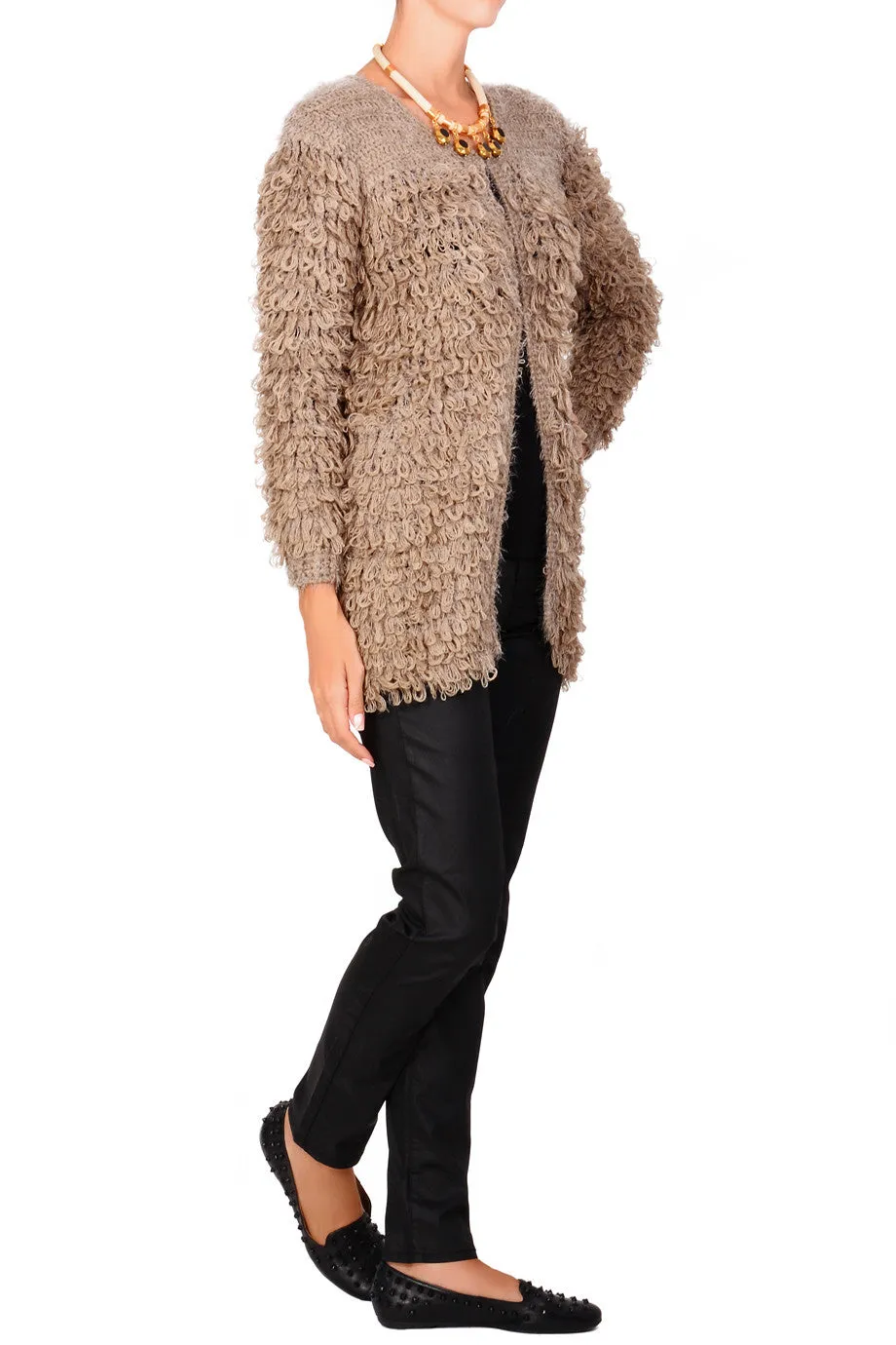 C BLOCK ELLA Beige Boucle Wool Cardigan