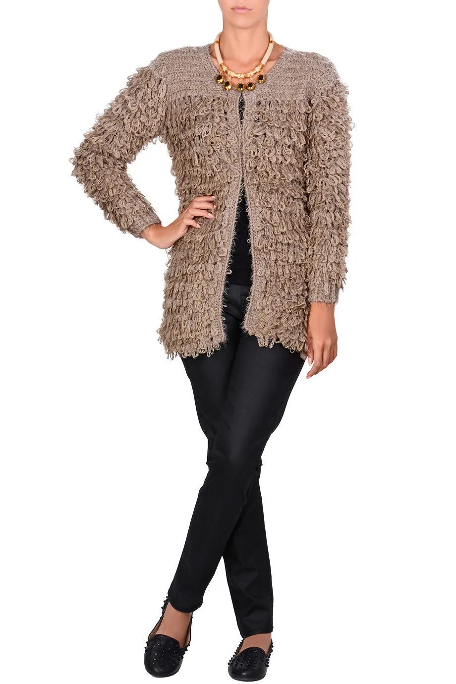 C BLOCK ELLA Beige Boucle Wool Cardigan