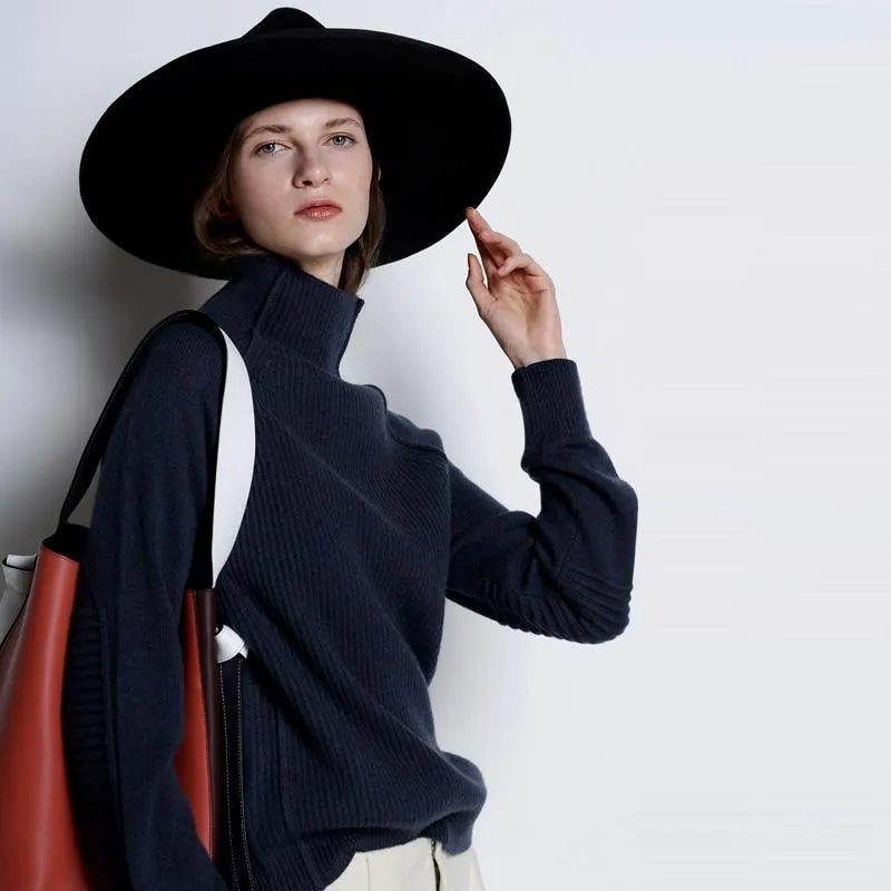 Cashmere Sweater Women High-Collar Thickened Pullover Loose Sweater Large Size Knitted Wool Shirt
