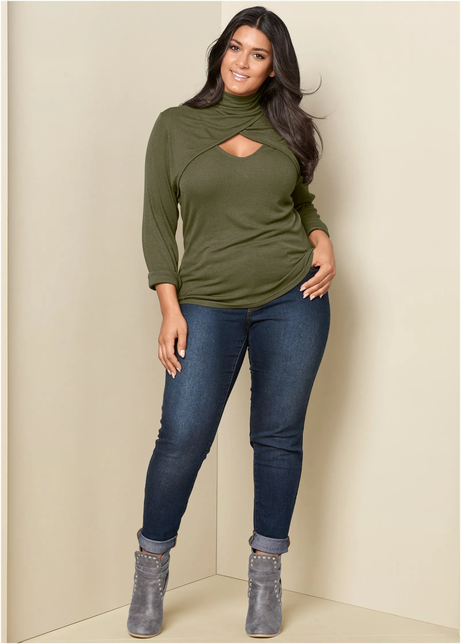 Cutout Mock-Neck Top - Olive