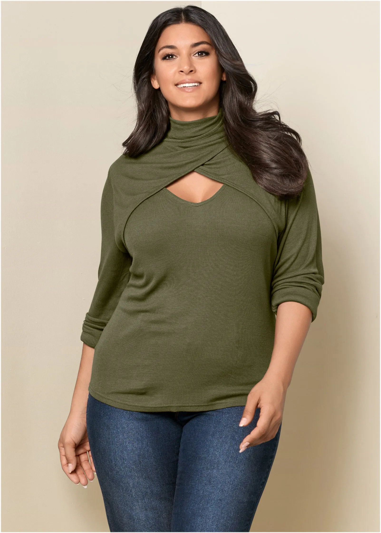 Cutout Mock-Neck Top - Olive