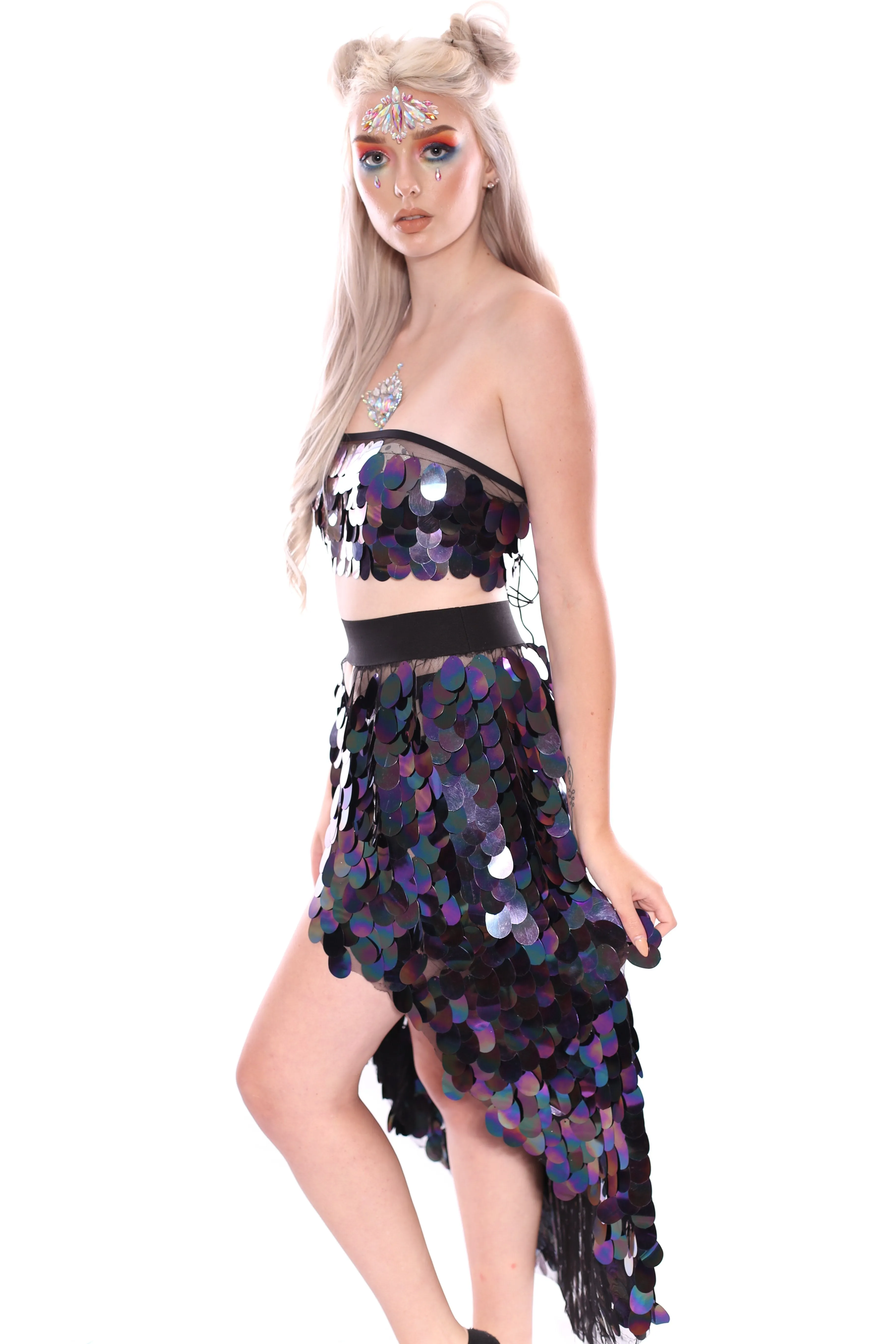 Dark Ocean Goddess Tapered Sequin Skirt