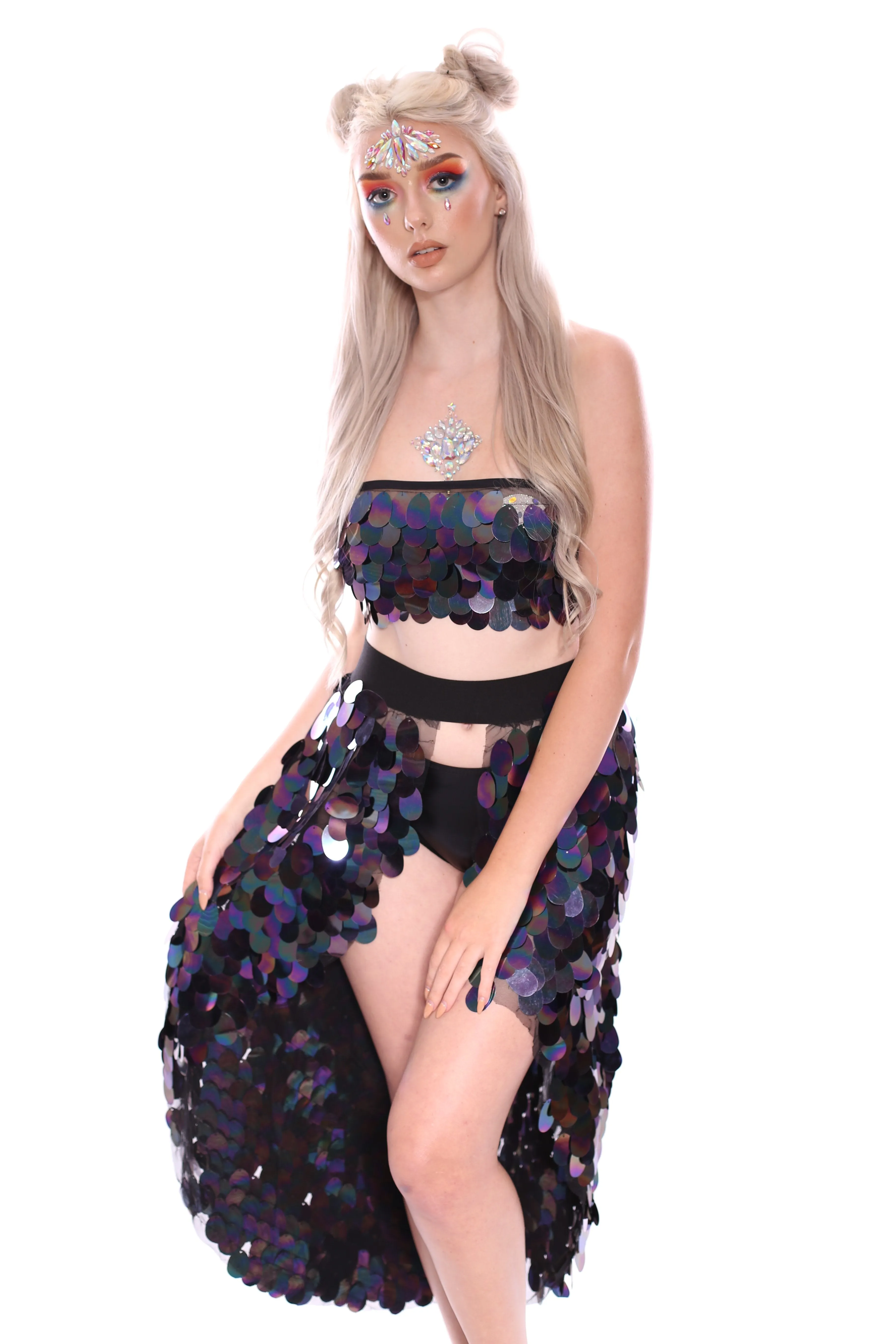 Dark Ocean Goddess Tapered Sequin Skirt