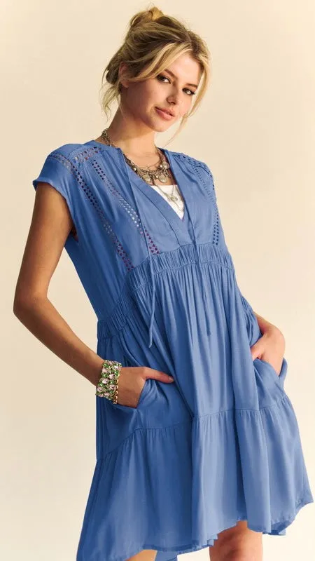 Eyelet Trim V-Neck Tie Neck Dress