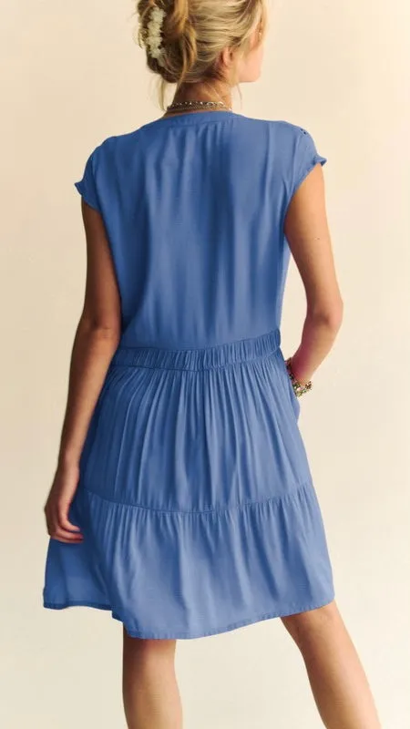 Eyelet Trim V-Neck Tie Neck Dress