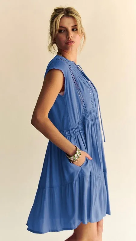Eyelet Trim V-Neck Tie Neck Dress