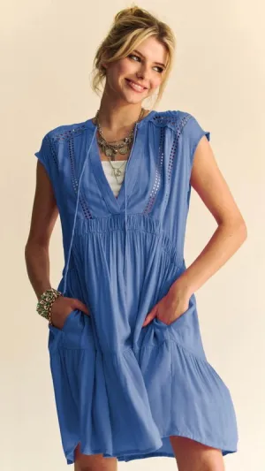 Eyelet Trim V-Neck Tie Neck Dress