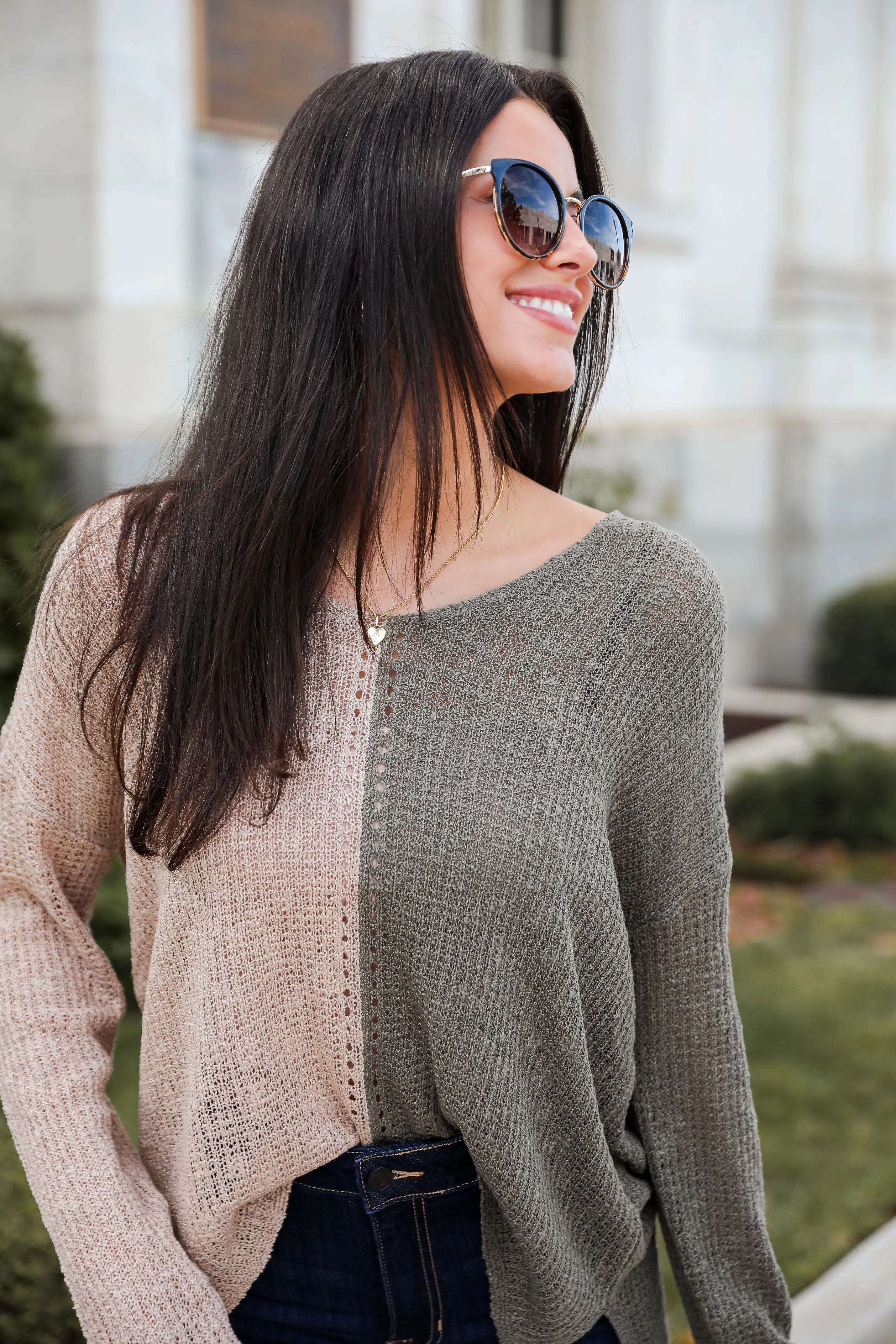 FINAL SALE - Sweetest Attitude Olive Color Block Lightweight Knit Sweater