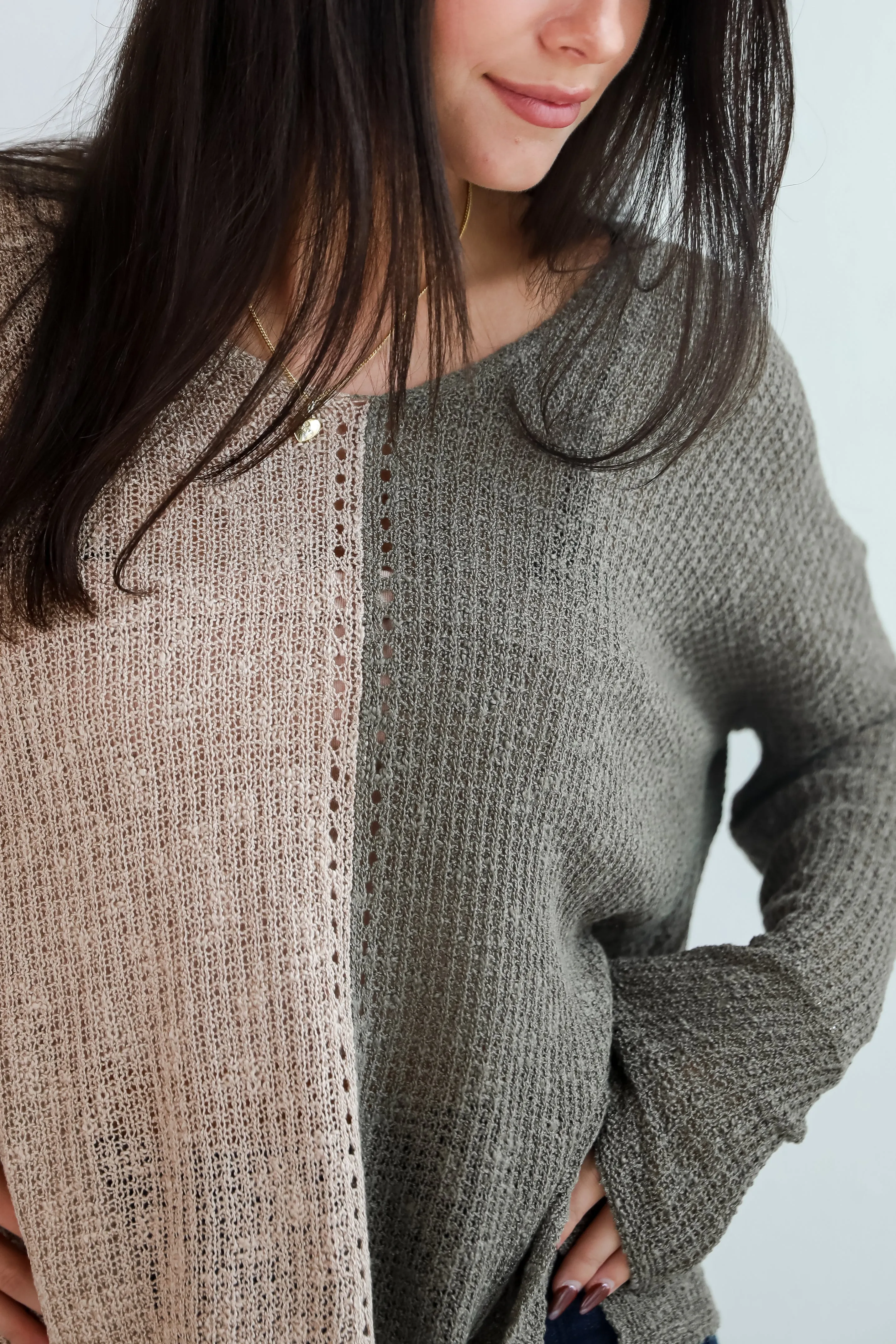 FINAL SALE - Sweetest Attitude Olive Color Block Lightweight Knit Sweater