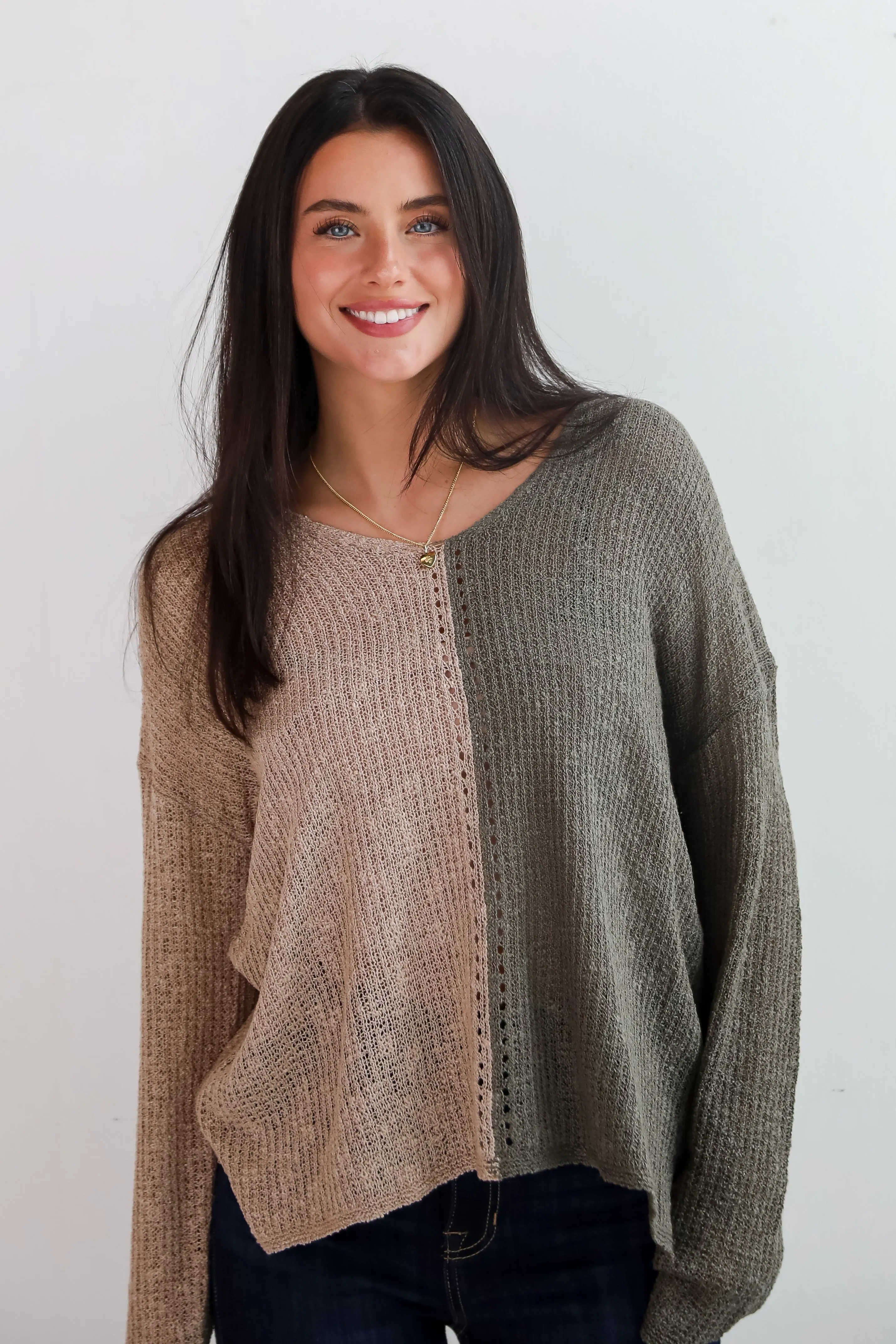 FINAL SALE - Sweetest Attitude Olive Color Block Lightweight Knit Sweater