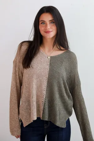 FINAL SALE - Sweetest Attitude Olive Color Block Lightweight Knit Sweater