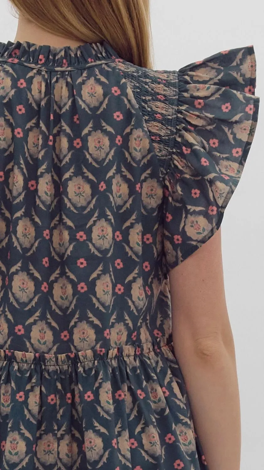 Flower Print Ruffle Shoulder Dress