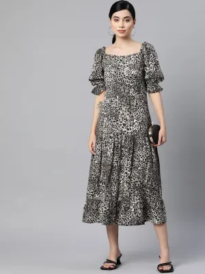 Indibelle Rayon Animal Print Flared Dress (Black)