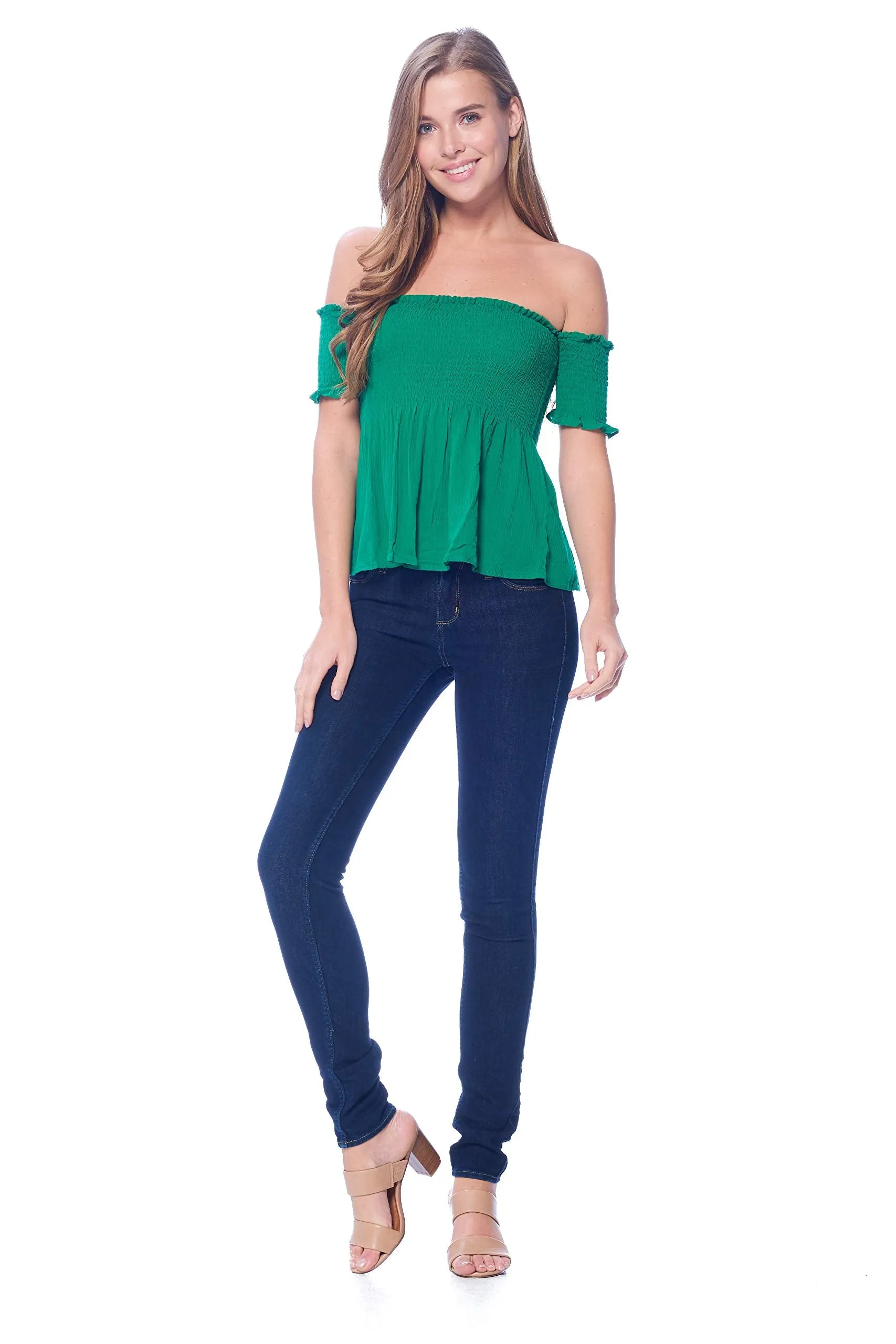 Khanomak Women's Off Shoulder Crinkled Short Sleeve Smocked Top Shirt