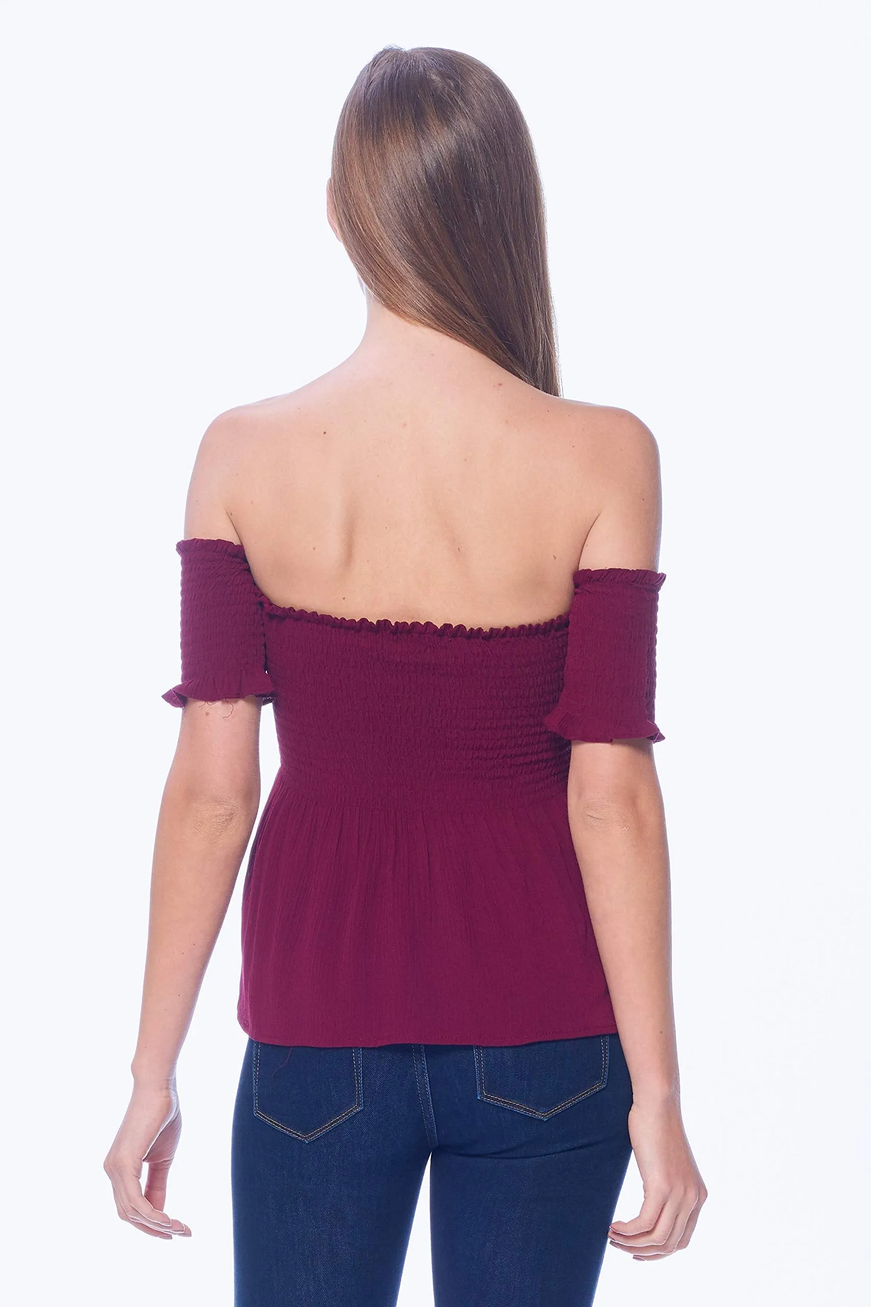 Khanomak Women's Off Shoulder Crinkled Short Sleeve Smocked Top Shirt