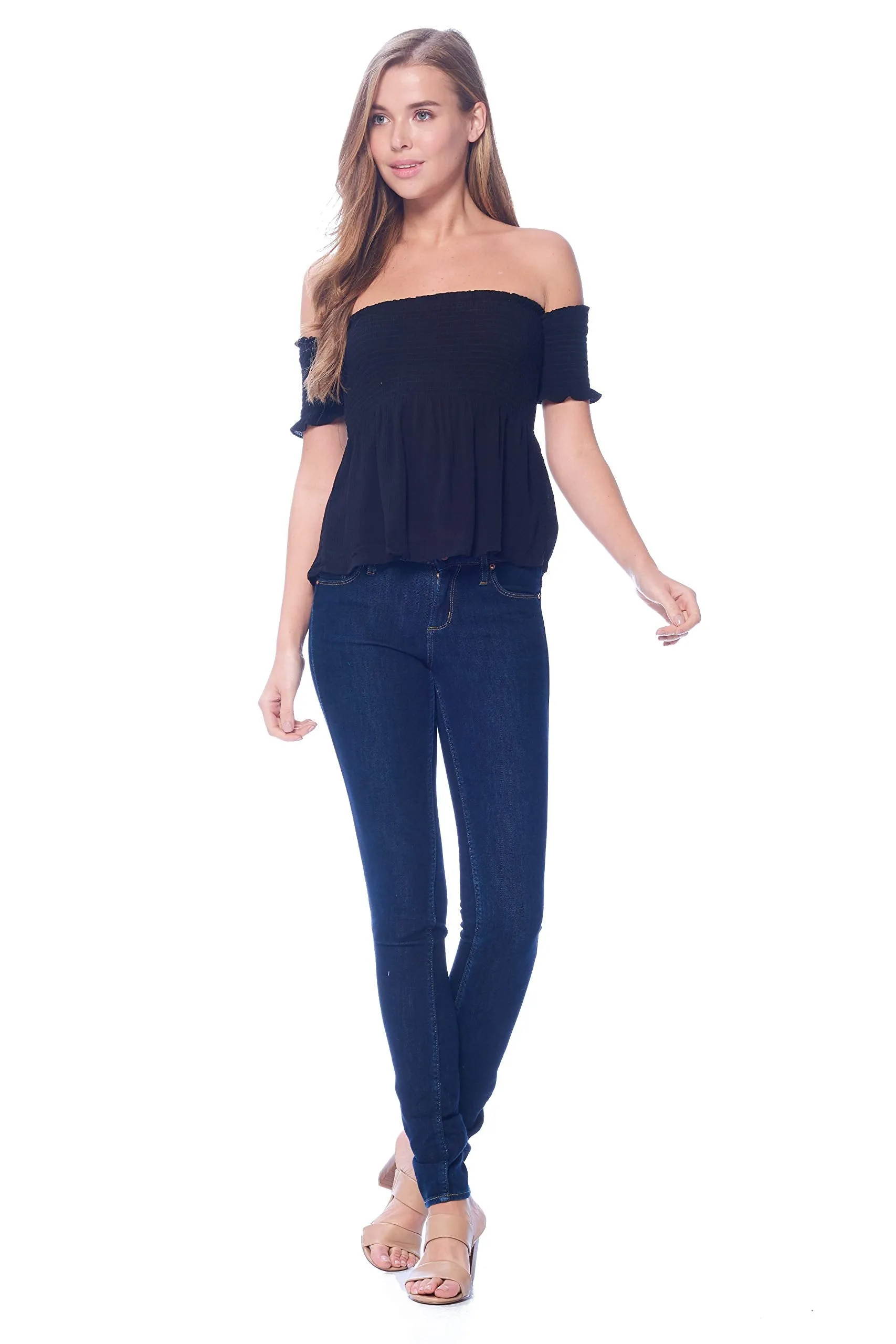 Khanomak Women's Off Shoulder Crinkled Short Sleeve Smocked Top Shirt