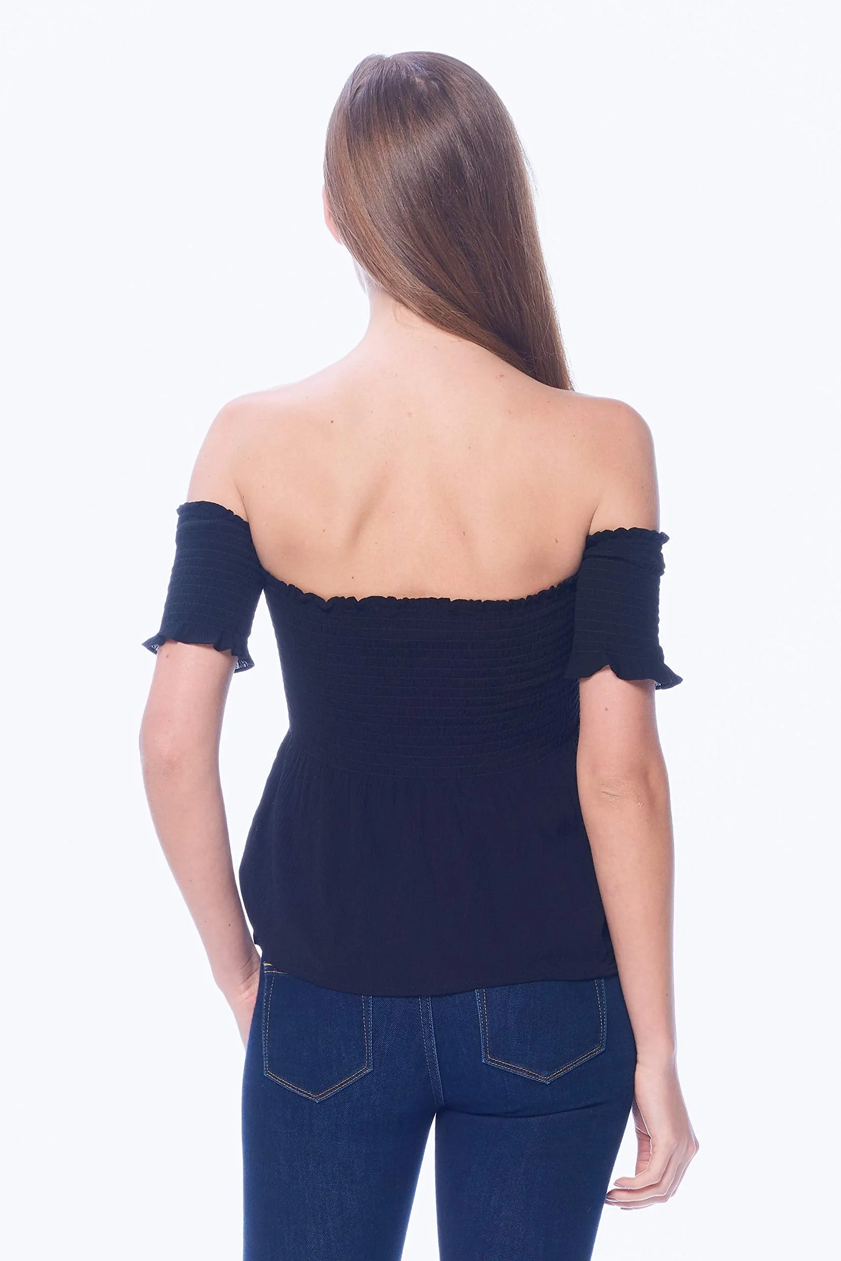 Khanomak Women's Off Shoulder Crinkled Short Sleeve Smocked Top Shirt