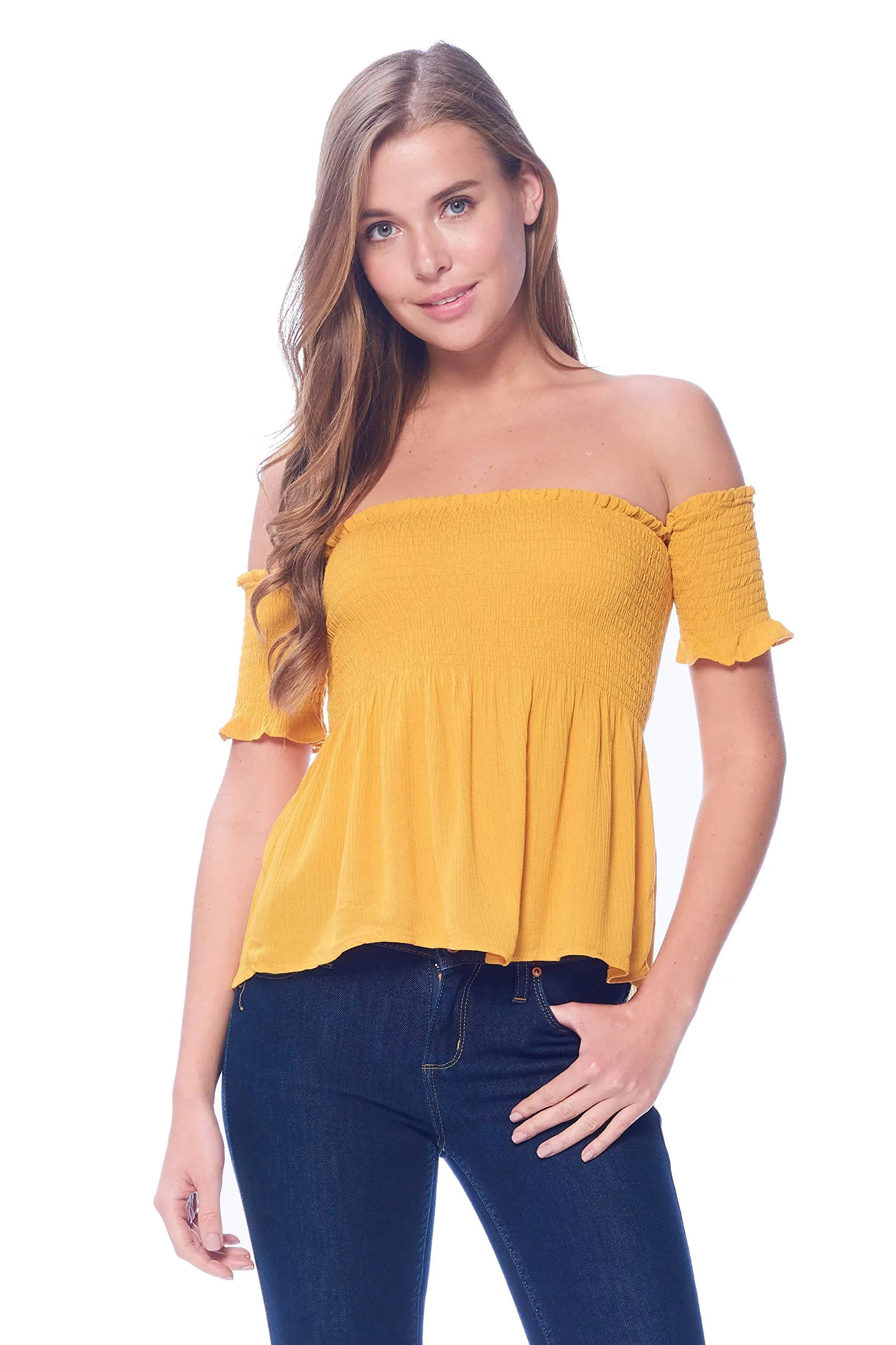 Khanomak Women's Off Shoulder Crinkled Short Sleeve Smocked Top Shirt