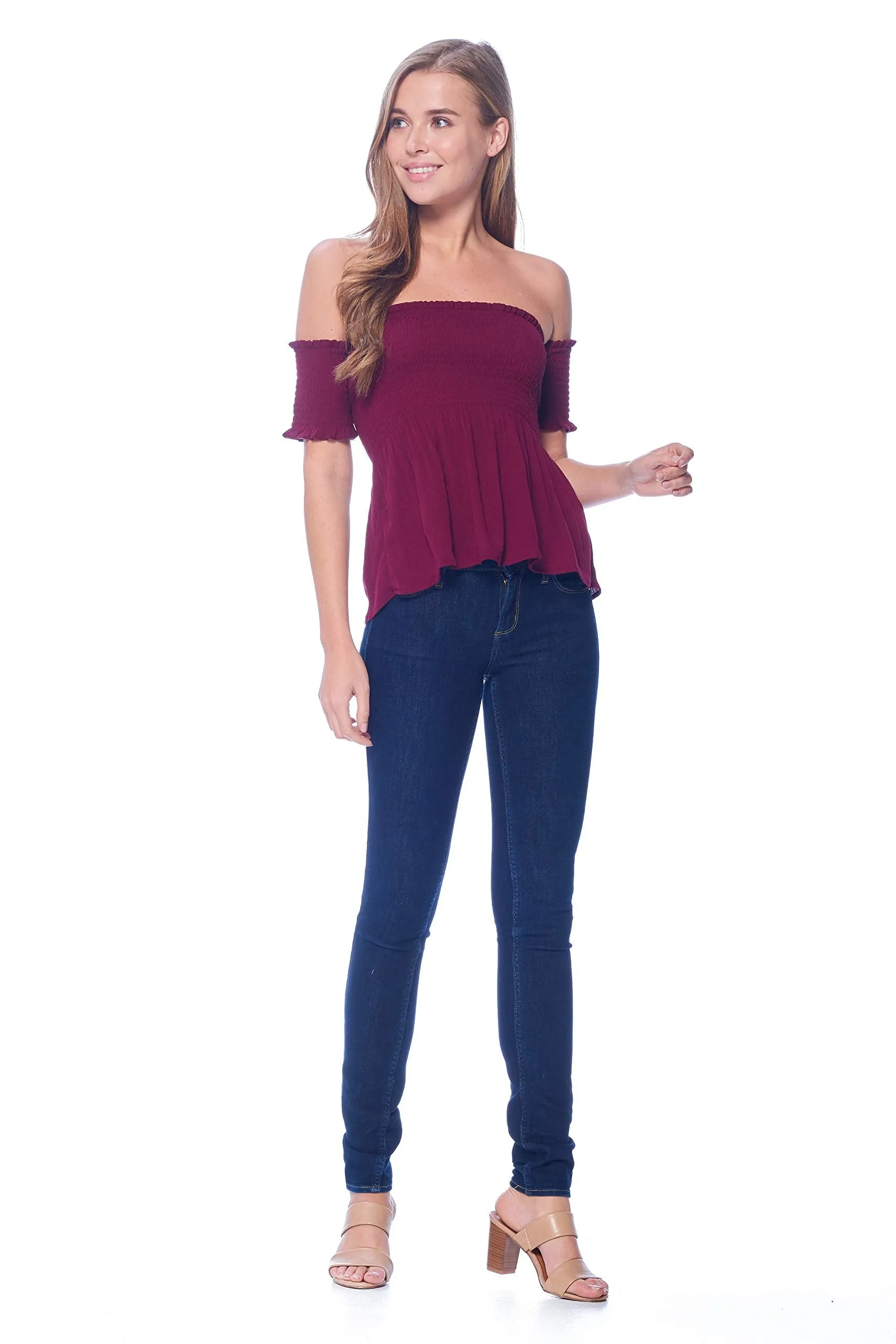 Khanomak Women's Off Shoulder Crinkled Short Sleeve Smocked Top Shirt