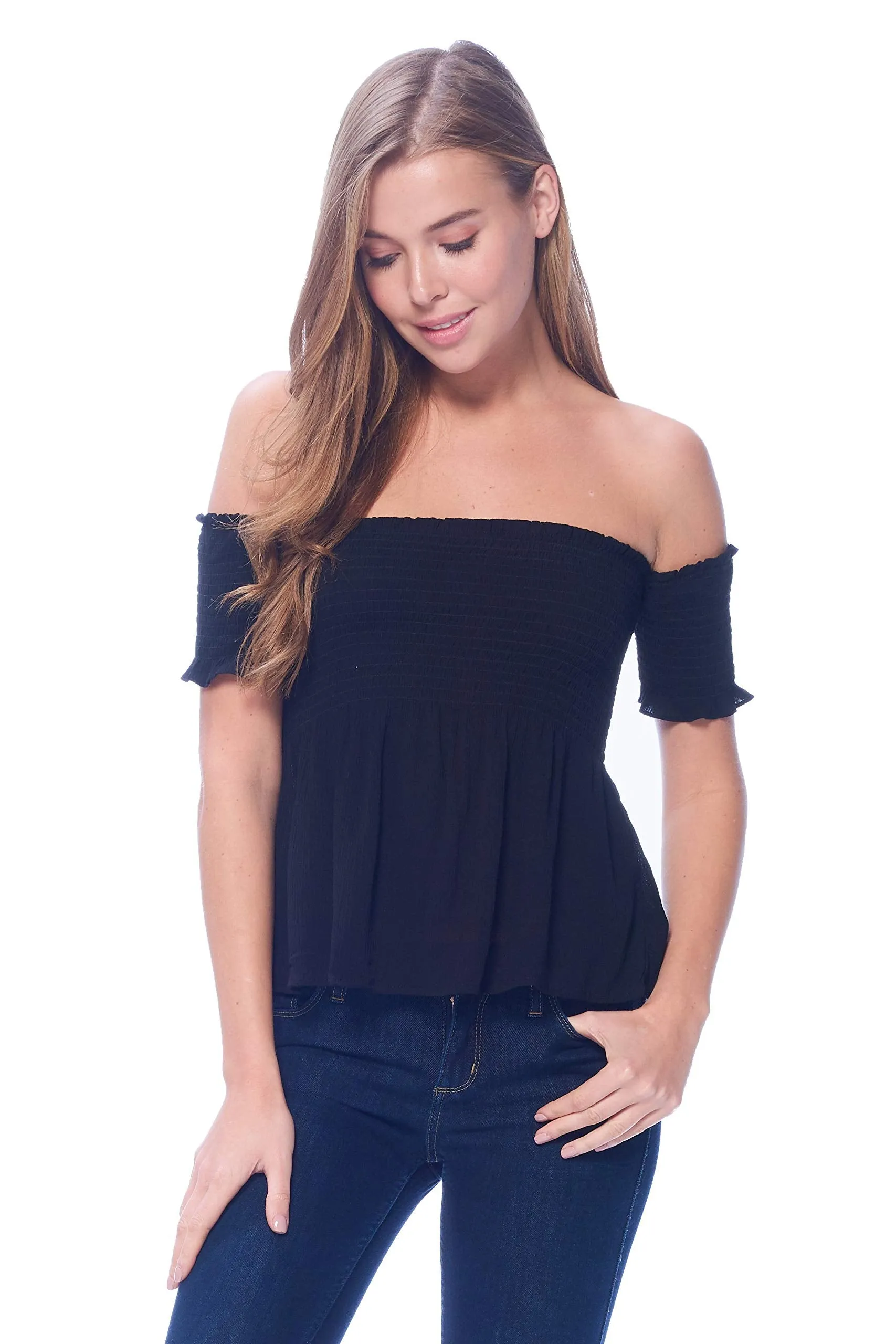 Khanomak Women's Off Shoulder Crinkled Short Sleeve Smocked Top Shirt