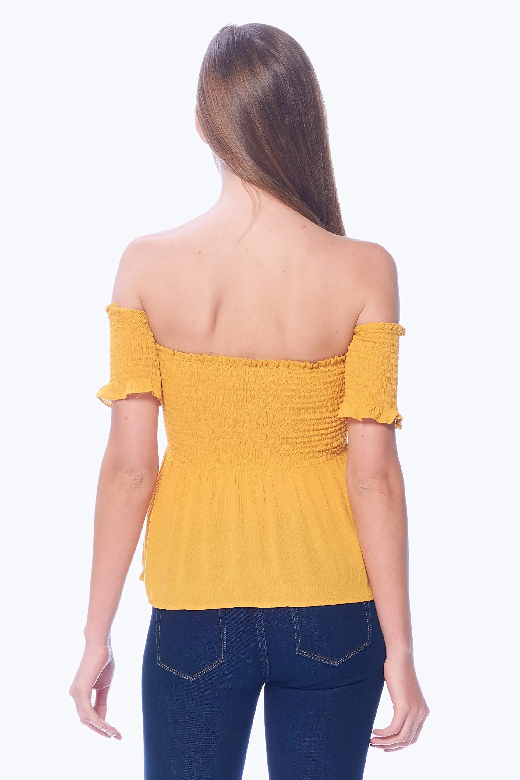 Khanomak Women's Off Shoulder Crinkled Short Sleeve Smocked Top Shirt