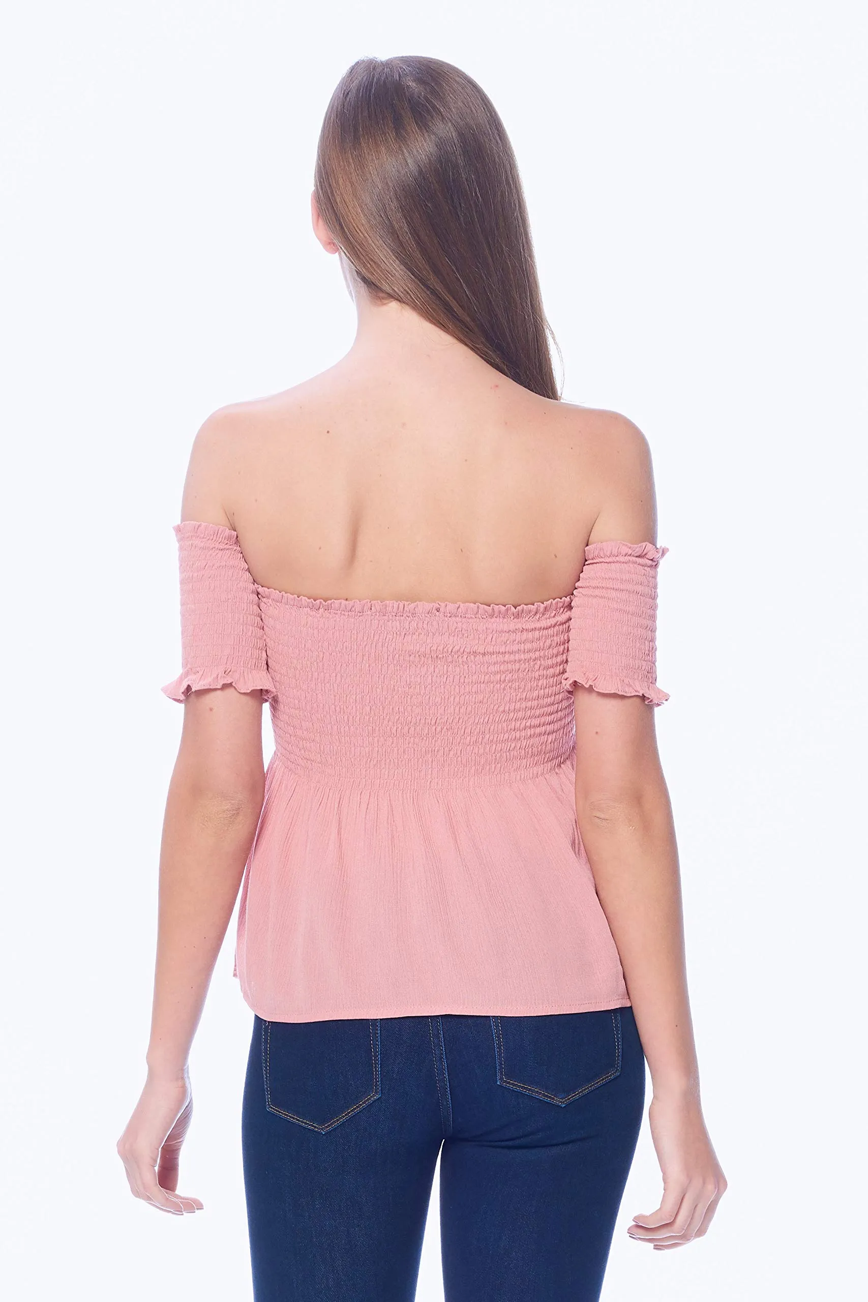 Khanomak Women's Off Shoulder Crinkled Short Sleeve Smocked Top Shirt